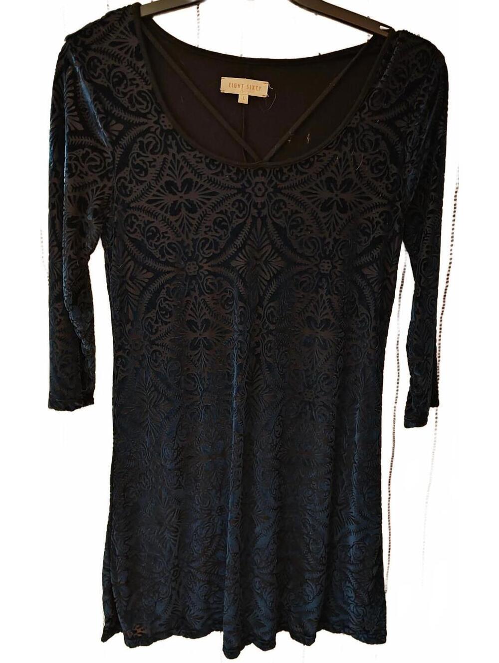 Eight Sixty Dress Womens Large Blue Black Floral V-Neck Long Sleeve - Size L